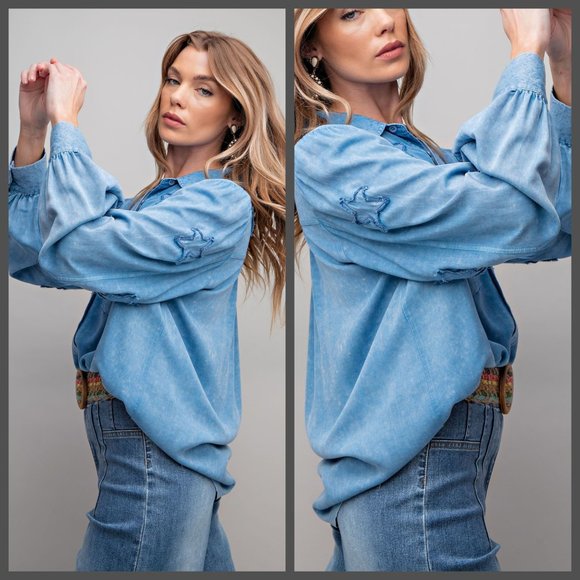 EASEL "STAR STRUCK" Embroidered Silk-Like Mineral Wash Button Up, Cuffs, Pockets - Picture 2 of 16